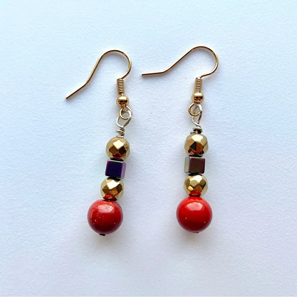 Artisan 18k Gold Plated and Jasper Bead Earrings